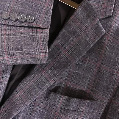 Jos A Bank Sport Coat Men 46R Wool Windowpane Blazer Blue Two Button Double Vent • $35.10