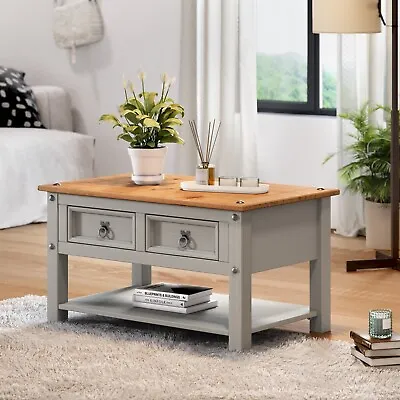 Corona Coffee Table Grey Wax 2 Drawers Solid Pine Living Room Mercers Furniture® • £68.99