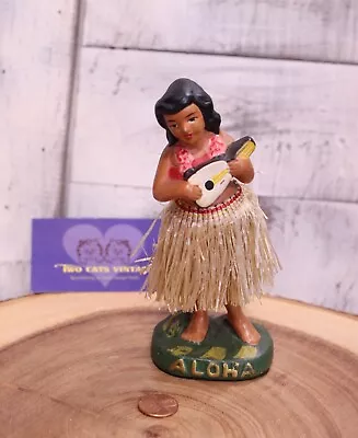 Vintage 1950 K.N. Japan ALOHA Chalkware Dancing Hula Girl Bobble Ukulele • $90