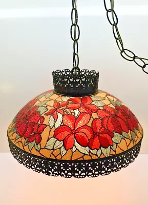 Vintage Round Glass Floral Pattern Hanging Swag Lamp 14  Diameter • $145