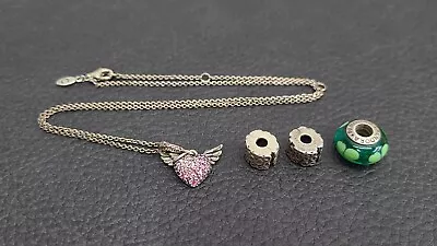 PANDORA 925 Silver Pave Heart & Angel Wings Pink Necklace & 3 Bracelet Charms • $0.99