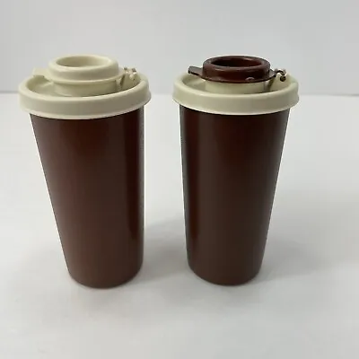 Tupperware Salt And Pepper Shakers 4 1/2” Tall 1 Cream 1 Brown Lid 1329 Vintage • $17.07