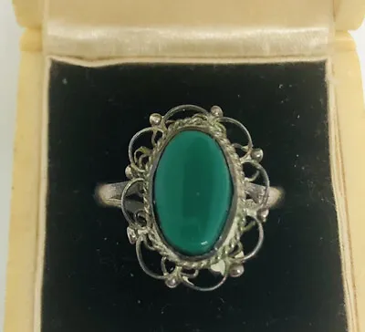 Sterling Silver Mexico Green Chrysoprase Filigree Ring Sz 6.5 Vintage Jewelry • $36.50
