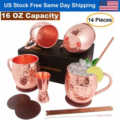 US SHIP 4Pcs Moscow Mule Copper Mug Set Cups With Handles Straws Coasters Brush • $25.86