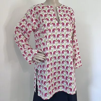 BARBARA GERWIT L Large Elephant Print Cotton Tunic Top Shirt Blouse Coverup • $29.95