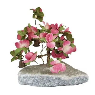 Bonsai Cherry Blossom Pink Flower Prosperity Tree Brass Bells White Stone Vtg • $29.95