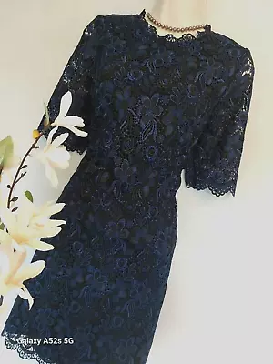 $48.82 • Buy Blue Black Floral Dress Size 10 Monsoon Mother Of The Bride 40s 50s Crochet Lace