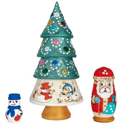 6.5  Wooden Christmas Tree Holidays Nesting Dolls Russian Artist Handmade 3-pc • £33.70