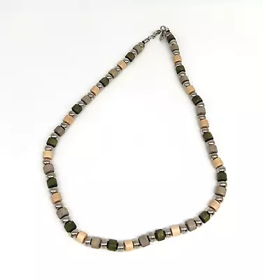 Panama Jack Wooden Beaded Necklace Mens Green Gray Tan & Silver Surfer Beach 16  • $6