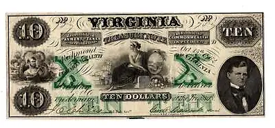 1862 Virginia 10 Dollar Treasury Note Date Oct 15 1862 / Currency • $250