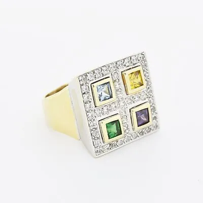 14k Y/W Gold Multi Colored Gemstone & CZ Cocktail Ring Size 9 • $596.69