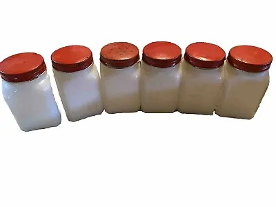 Vintage White Milk Glass Spice Jars With Red Lids- Set Of 6 • $25