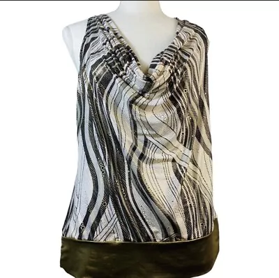 Vintage MKM Designs Large Geometric Print Cowl Neck Tank Blouse With Gold Detail • $8.98