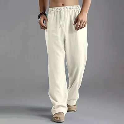 Mens Cotton Linen Harem Pants Wide Leg Elastic Waist Loose Casual Long Trousers • $21.29