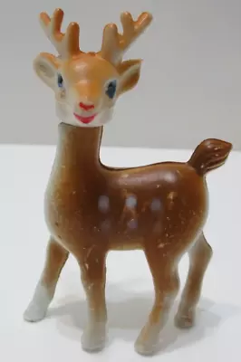 Vintage Christmas Deer Reindeer Figurine Painted Plastic Head Moves 4  T • $14.24