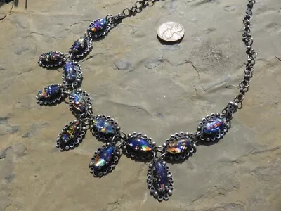 Vintage Mexican Opal Glass: Blue Purple Fire Sterling Silver Harlequin Necklace • $138