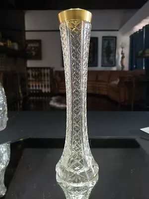 10  Bud Vase Glass Antique Bohemian Moser Type Cut Crystal Clear GOLD Rim Accent • $49.95