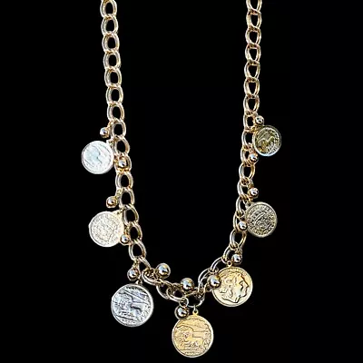 Vintage Mogul Chunky Chain Faux Ancient  Alexander  Coin Charm Dangle Necklace • $32