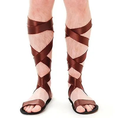 Mens Brown Ancient Roman Gladiator Centurion Sandals Shoes Fancy Dress Accessory • £11.34