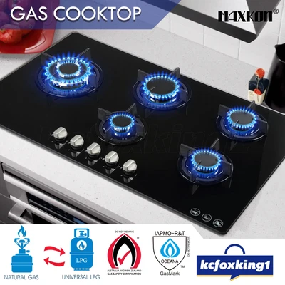 $299.55 • Buy 90cm Gas Cooktop 5 Burner Stove Hob Cooker Top Knobs NG LPG Glass Surface Black