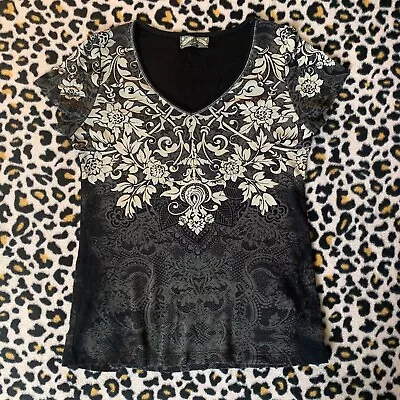 Vanilla Sugar Embellished Graphic Design Top Black Grey White Rhinestones Size S • $5