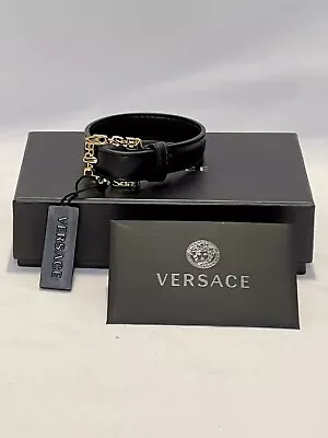 VERSACE Black Leather Logo Cuff Bracelet One Size • $245