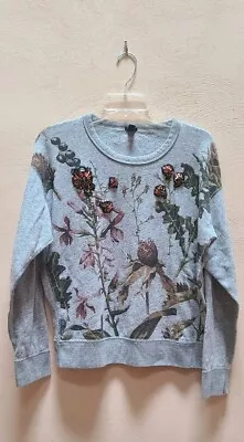 J Crew Heather Gray Botanical Print Rhinestone Embellished Sweatshirt Sz L  • $29.99