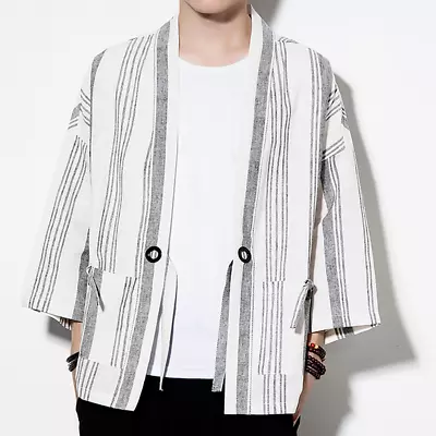 Men Striped Kimono Cardigan Coat Jacket Japanese Retro Haori Yukata Casual • $24.86