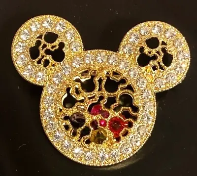 Disney Mickey Mouse Head Brooch / Pin Goldtone & Multicolored Floating Crystals • $15