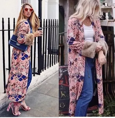 Zara Pink  Floral-kimono Jacket With  Fur Cuffs Excellent Cond Bloggers Fav S-M • $74.66