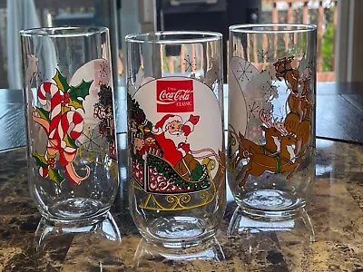 3 Vintage Coca Cola Rudolph Reindeer Santa  Sleigh Glasses 1983 McCrory Stores • $24.99