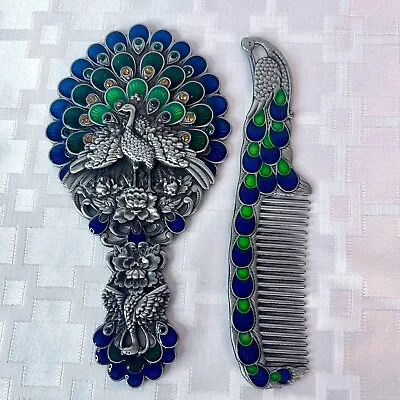 PEACOCK DESIGN Mirror & Comb VANITY SET Colorful Enameled & Crystal Inlay Bronze • $19
