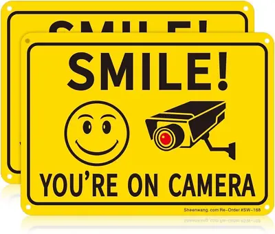 2-Pack Smile You’re On Camera Sign Video Surveillance Signs Outdoor. 10 X 7 In • $11.75