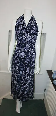 Oasis Halter Neck Navy Purple Floral Summer Sleevless Beach Stretch Maxi Dress • £12.99
