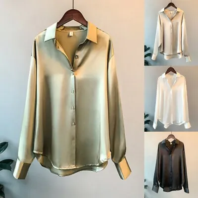 Womens Satin Silk Plain Shirt Ladies Casual Baggy Button-up OL Work Blouse Tops • £10.79