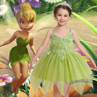 Girls Kids Tinkerbell Fairy Princess Dress Up Carnival Cosplay Costume Halloween • £15.11