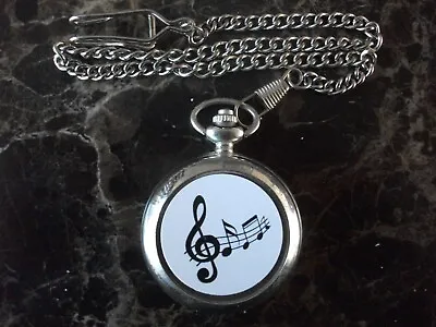 Musical Notes Chrome Pocket Watch With Chain (new) • £14.99