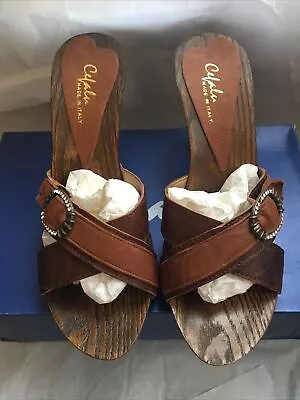 NEW Cefalu Made In Italy Brown Mules Slippers Sandal Wood Heels Shoes UK 5 EU 38 • £24.99