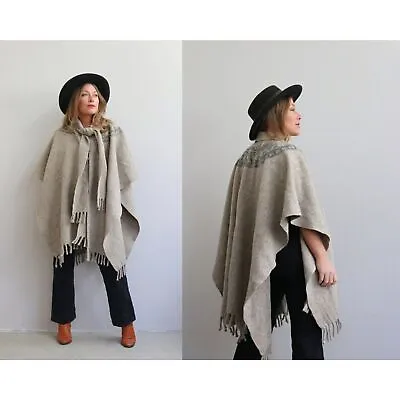 Vintage Wool Cape Western Poncho Fringe Coat One Size Ethnic Aztec Cape Taupe • $77