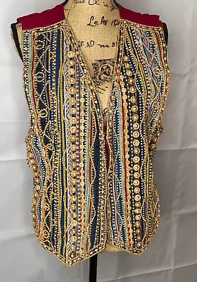 Vintage AJ Brocade Beaded Vest Black Multi Color Size Large • $22.70