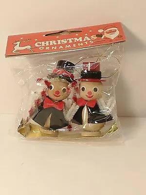 NOS Pack Of 2 Vintage Wooden Snowmen Miniature Christmas Ornaments Japan • $12.99