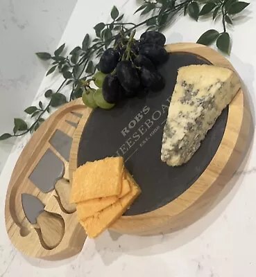 Slate & Wood Personalised Cheeseboard With Set Of Knives/gift/birthday/wedding • £22.99