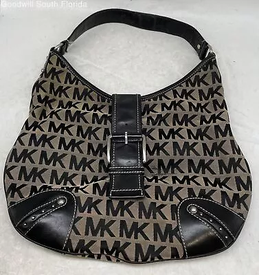 Michael Kors Womens Brown Black Signature Print Studded Hobo Shoulder Handbag • $19.99