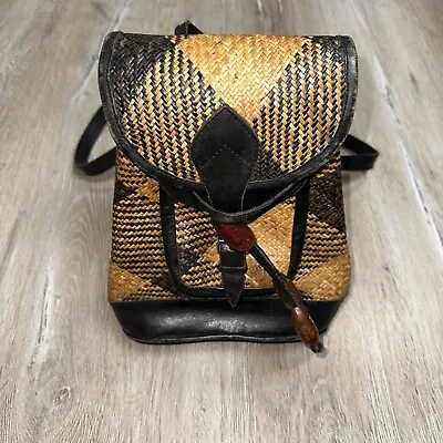 Vintage 80s Leather Rattan Backpack Ethnic Boho Hippie Brown Tan Woven Straw Y2K • $62.94