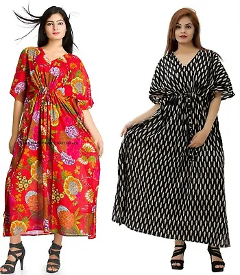 2 PCs Indian Printed Kaftans Nightwear Maxi Dresses Cotton Tunic 2 PC Set Red • $64.89