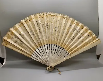 Victorian Hand-painted Fan Ivory & Tan 9  Long Vintage • $24