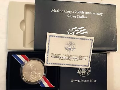 2005 BU Marines Commemorative Silver Dollar With Box & Coa. UNC  #ur • $50