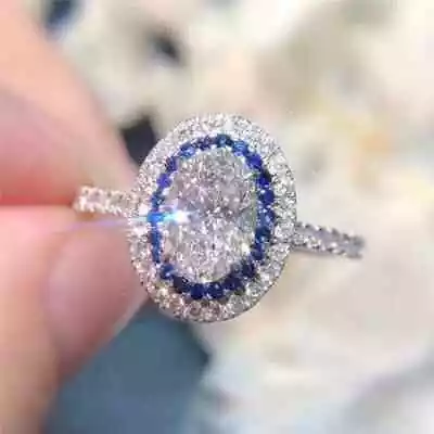 2Ct Oval Cut Real Moissanite Double Halo Engagement Ring 14K White Gold Plated • $110.15