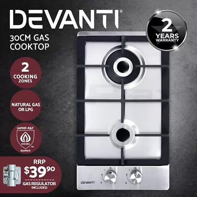 Devanti Gas Cooktop 30cm 2 Burner Silvir • $140.90