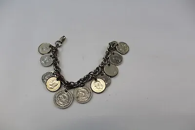 Vintage 1950's Coin Bracelet Canadian Pennies & Mexican Centavos Chrome-Plated • $28.18